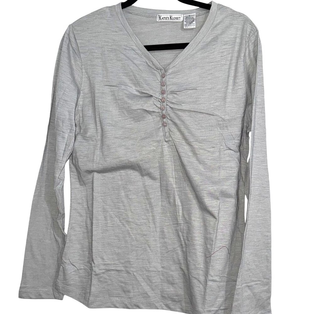 Katies Kloset Grey Long-Sleeve Button Detail V-Neck Womens Top L  Cotton Blender